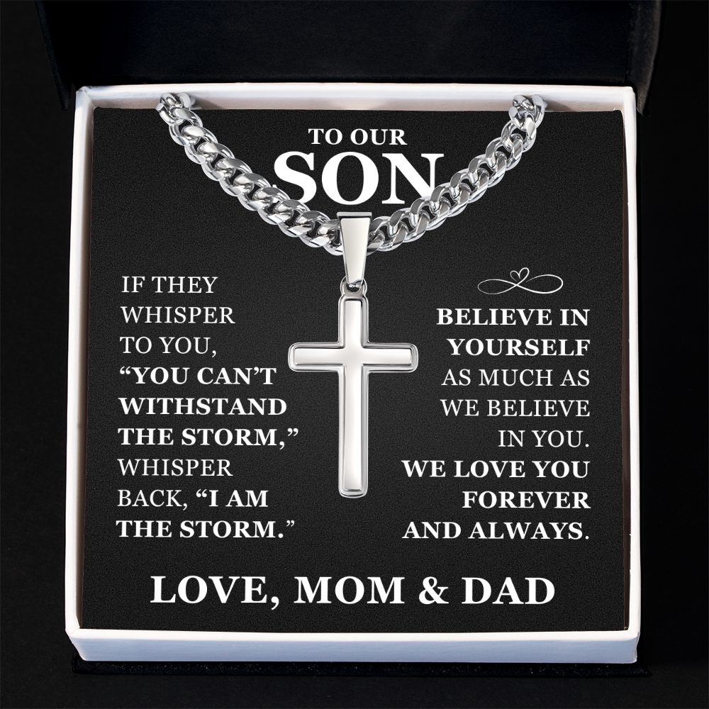 Artisan Cross with Cuban Link Chain - To Our Son "Believe In Yourself"