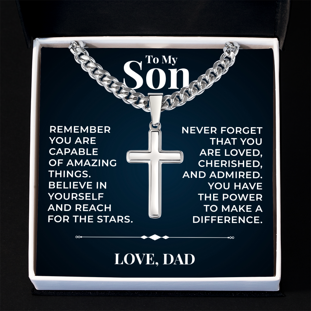 Cuban  Chain with Cross Necklace - To My Son "Reach For The Stars"