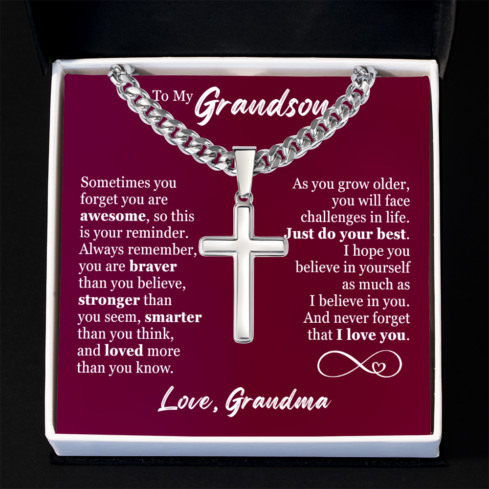 Cross Cuban Link Chain - To My Grandson "Just Do Your Best"