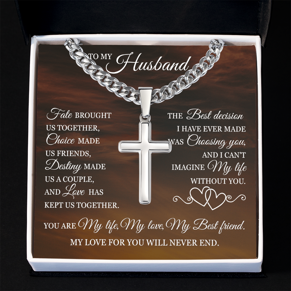 Cross Cuban Link Chain - To My Husband "Fate Brought Us Together"