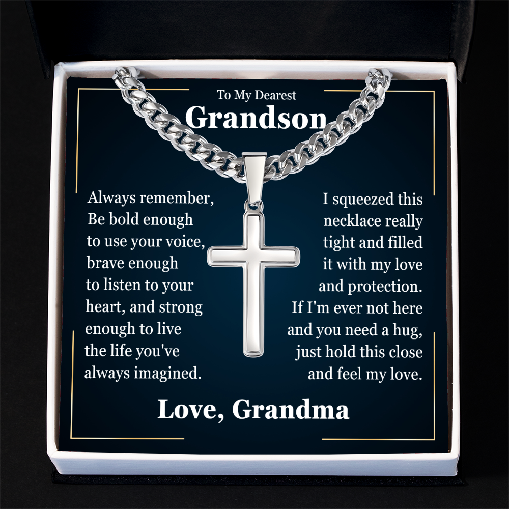 Cross Cuban Link Chain - To My Grandson "Just Hold This Close and Feel My Love"