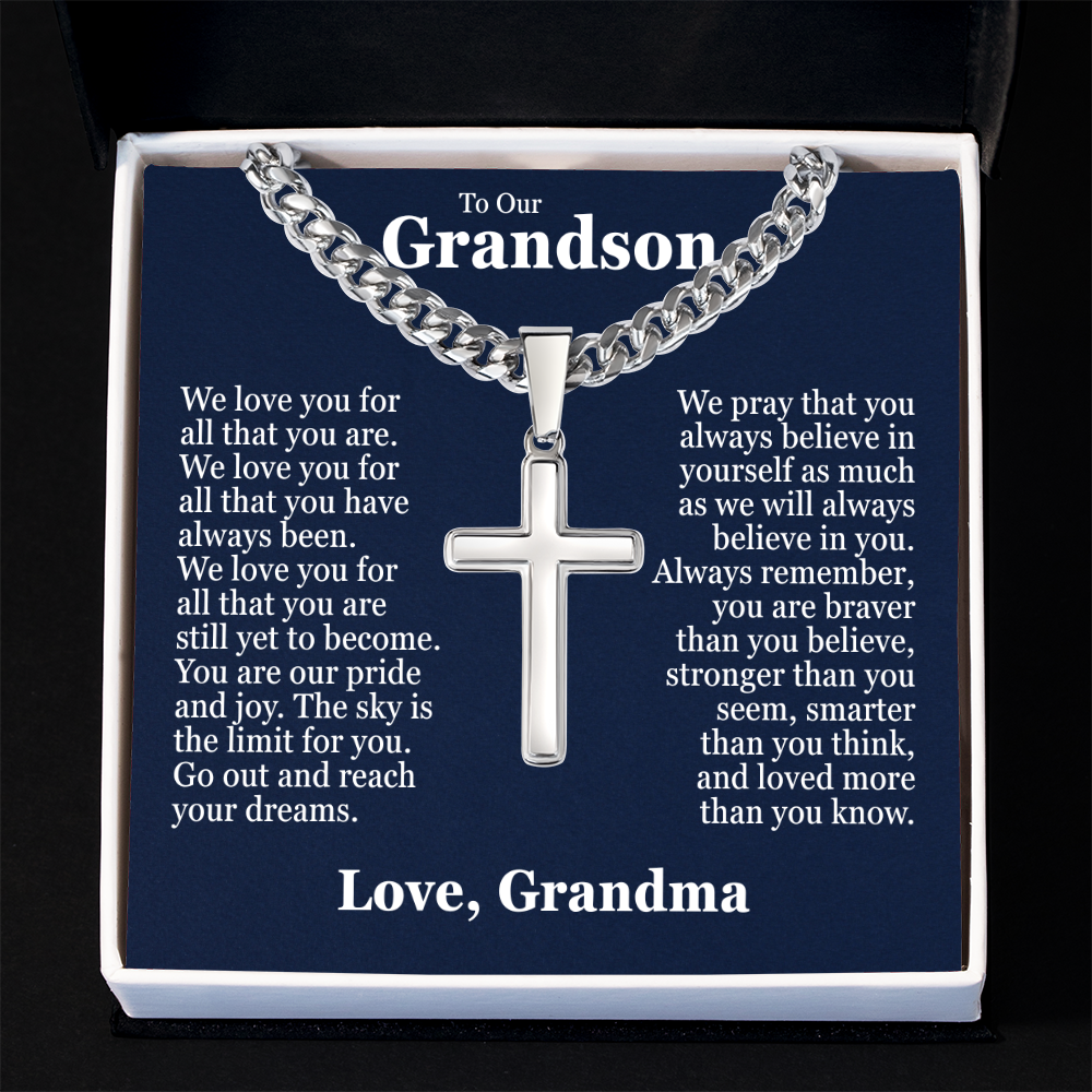 Cross Cuban Link Chain - To Our Grandson "We Love You"