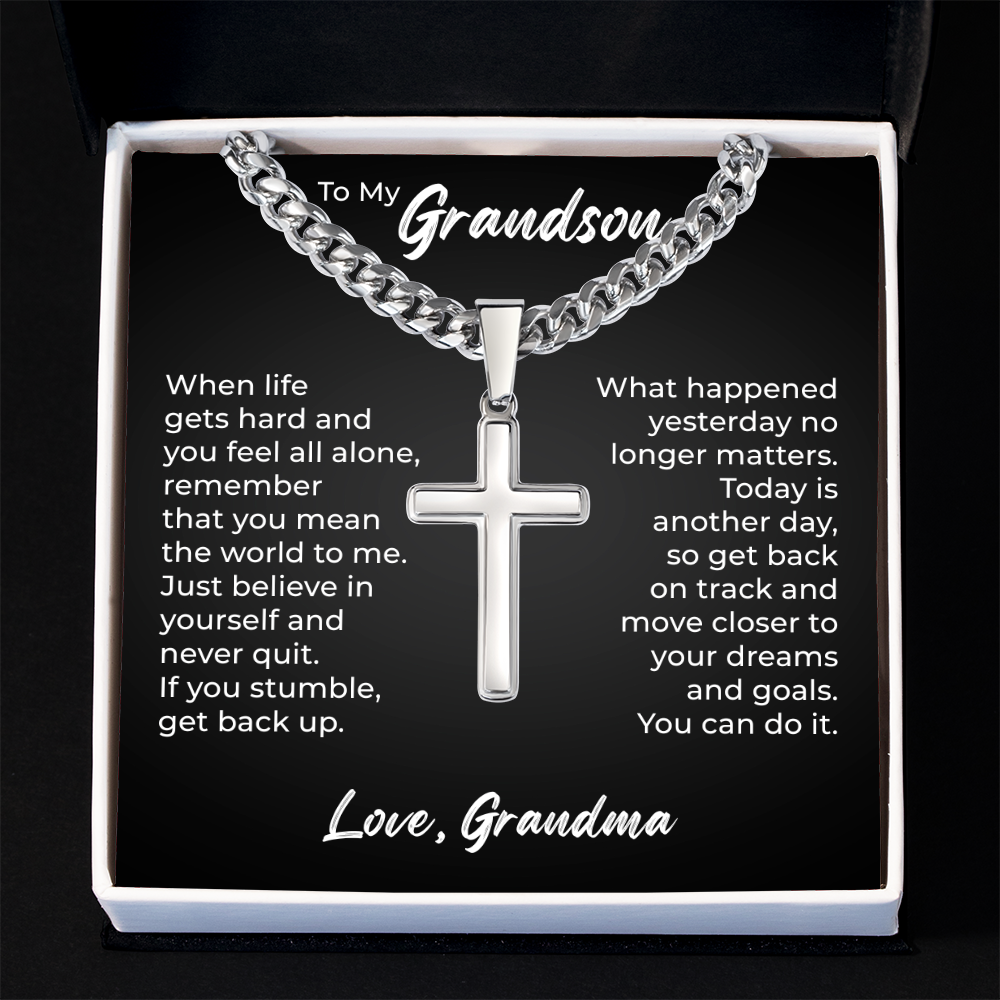 Cross Cuban Link Chain - To My Grandson "You Mean The World To Me"