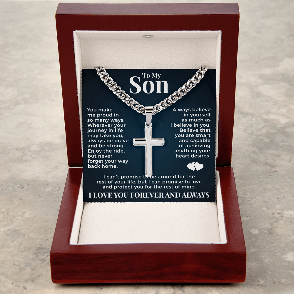 Cuban  Chain with Cross Necklace - To My Son "Always Be Brave"