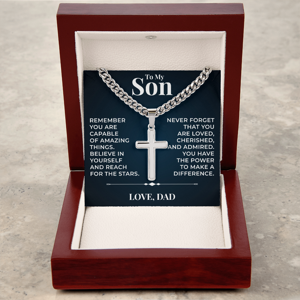 Cuban  Chain with Cross Necklace - To My Son "Reach For The Stars"