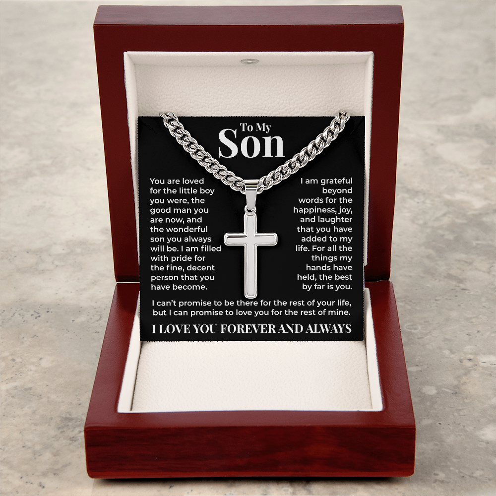 Cuban Chain with Cross Necklace - To My Son "I Am Grateful Beyond Words"