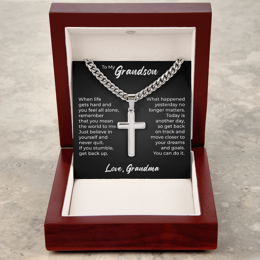 Cross Cuban Link Chain - To My Grandson "You Mean The World To Me"