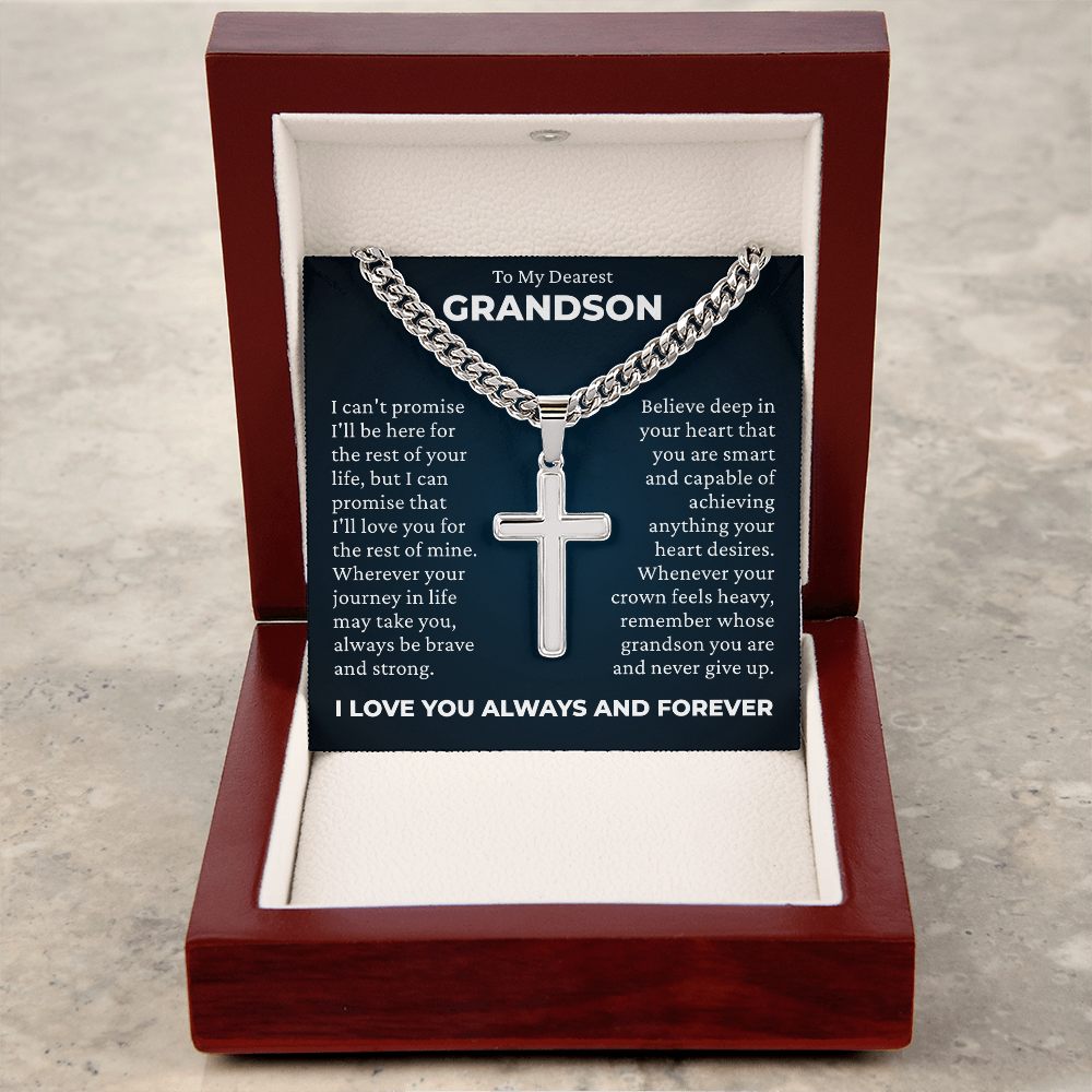 Cross Cuban Link Chain - To My Grandson "Always Be Brave and Strong"