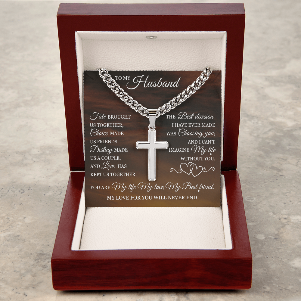Cross Cuban Link Chain - To My Husband "Fate Brought Us Together"