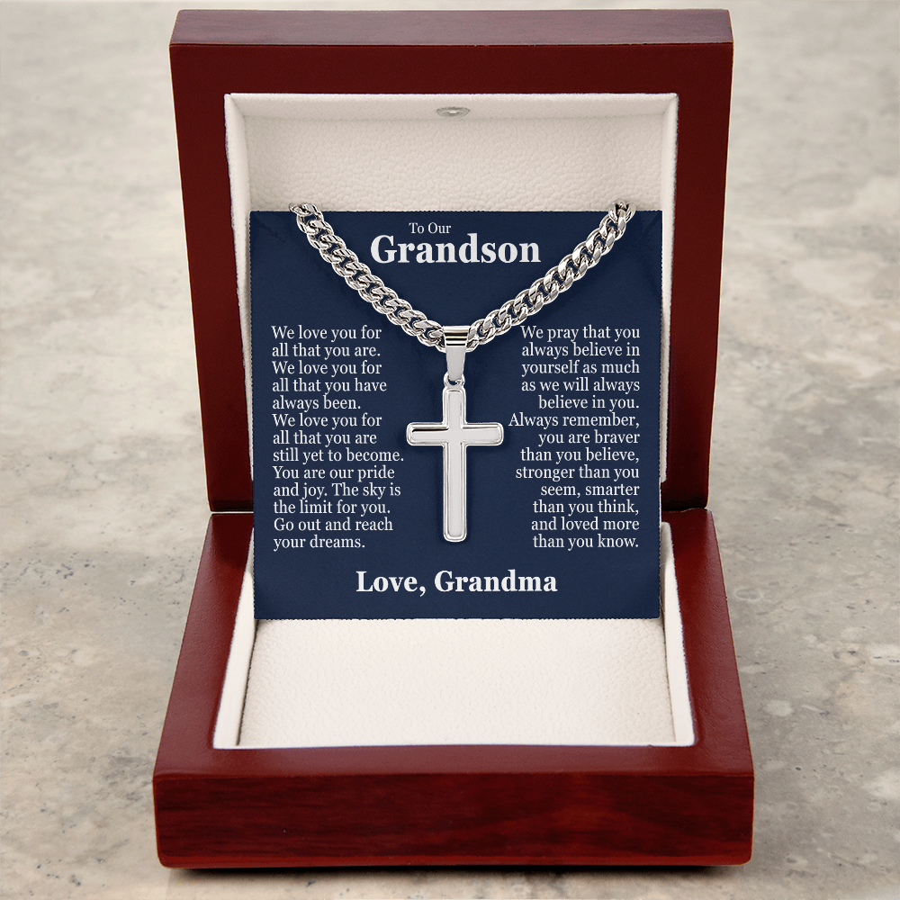 Cross Cuban Link Chain - To Our Grandson "We Love You"