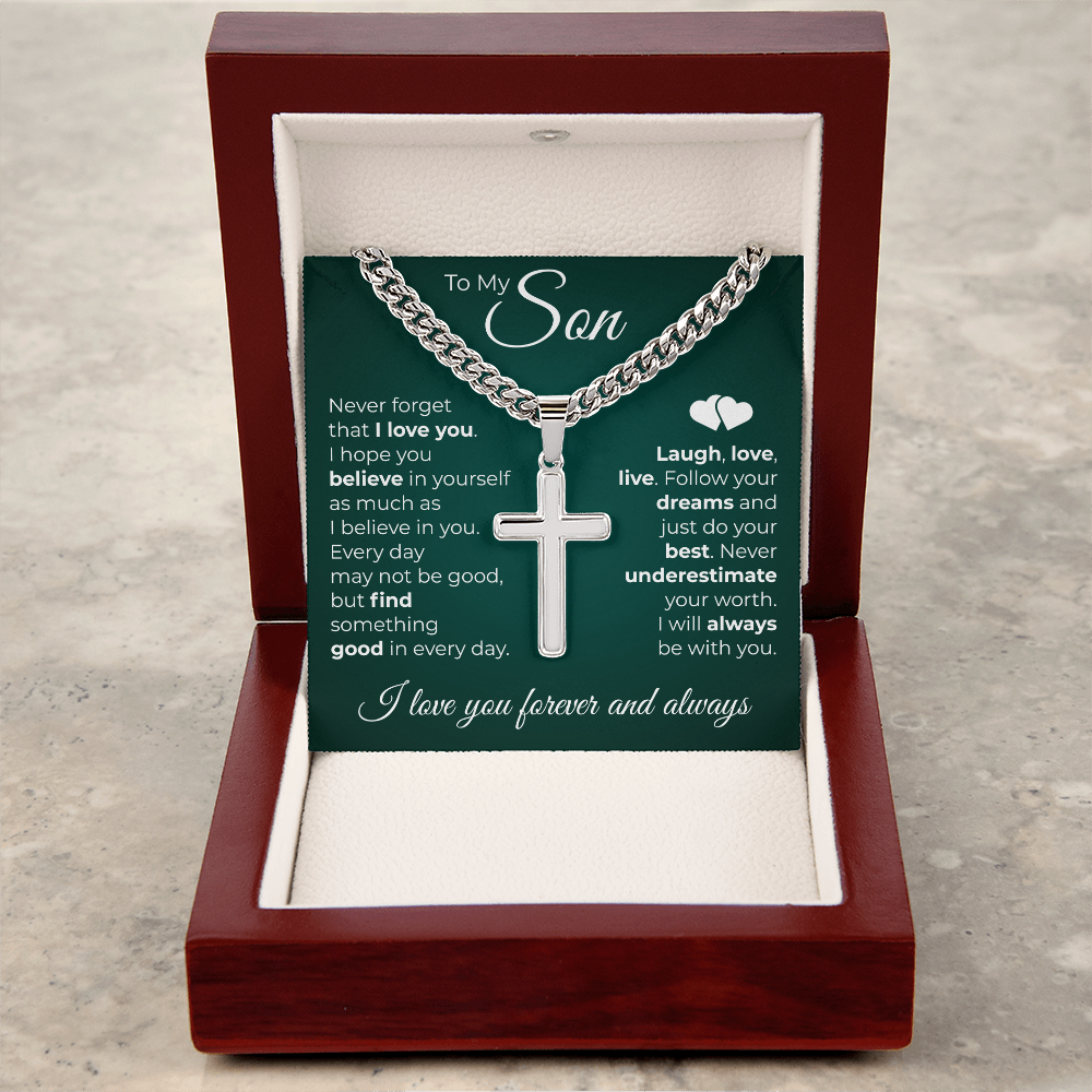Cuban Chain with Cross Necklace -  To My Son "Never Forget That I Love You"