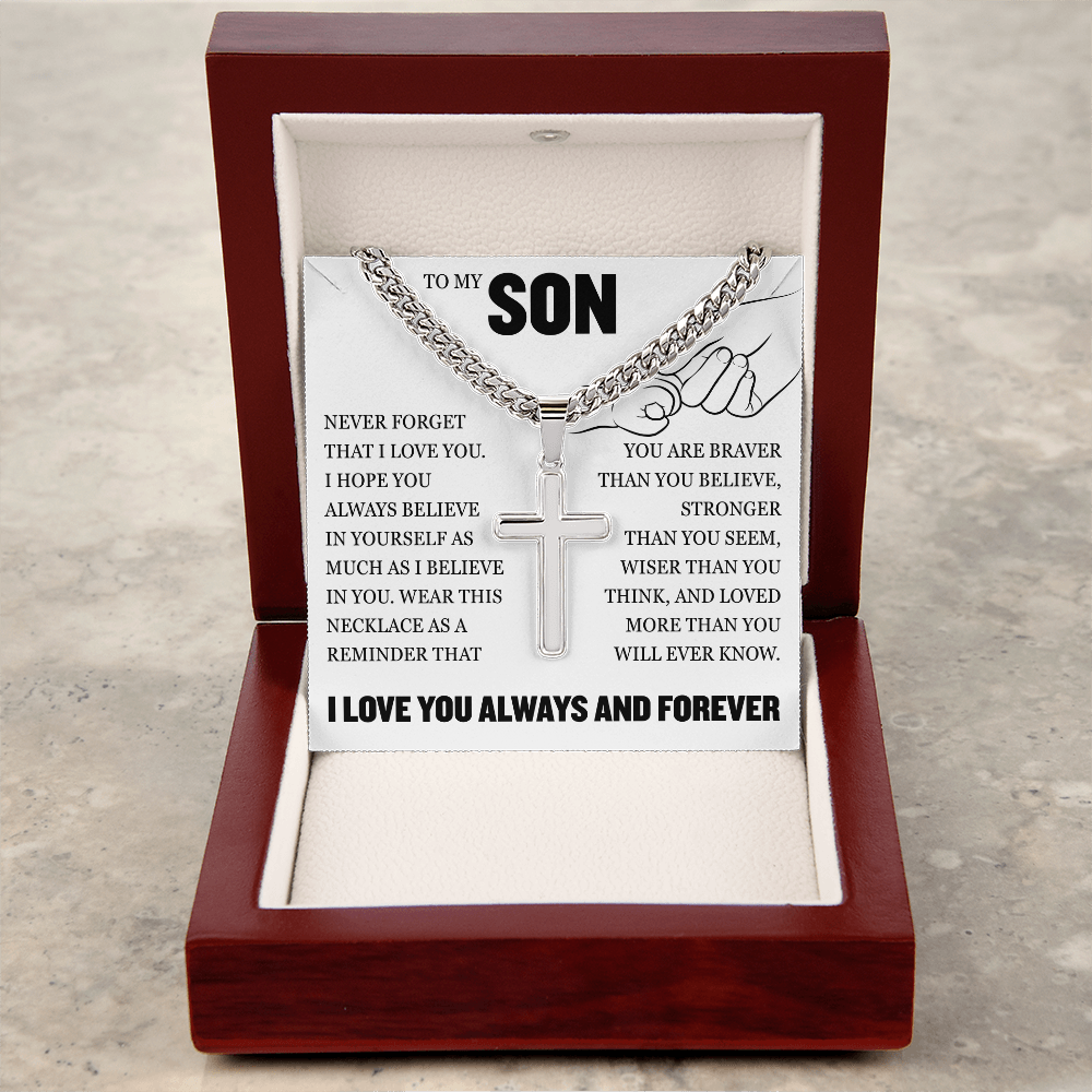 Cross Cuban Link Chain - To My Son "Never Forget That I Love You"