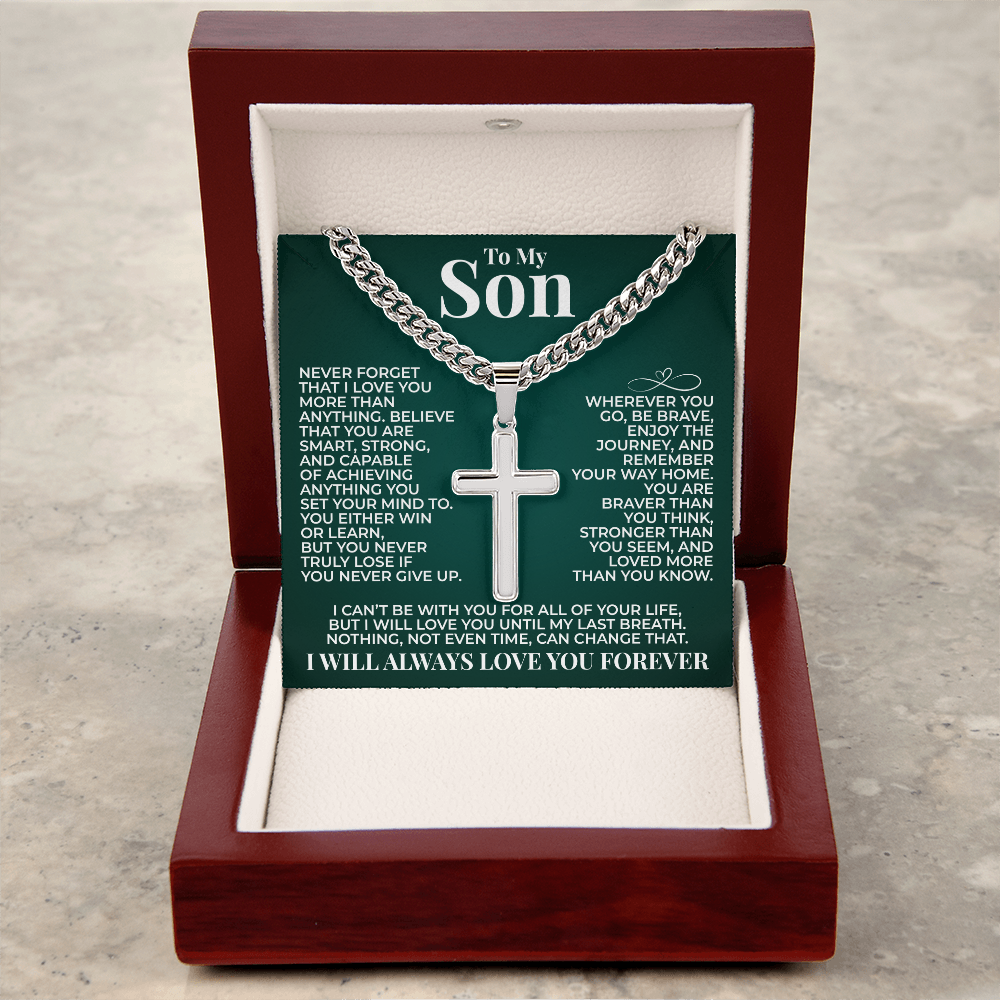 Cuban Chain with Cross Necklace - To My Son "You Are Braver Than You Think"