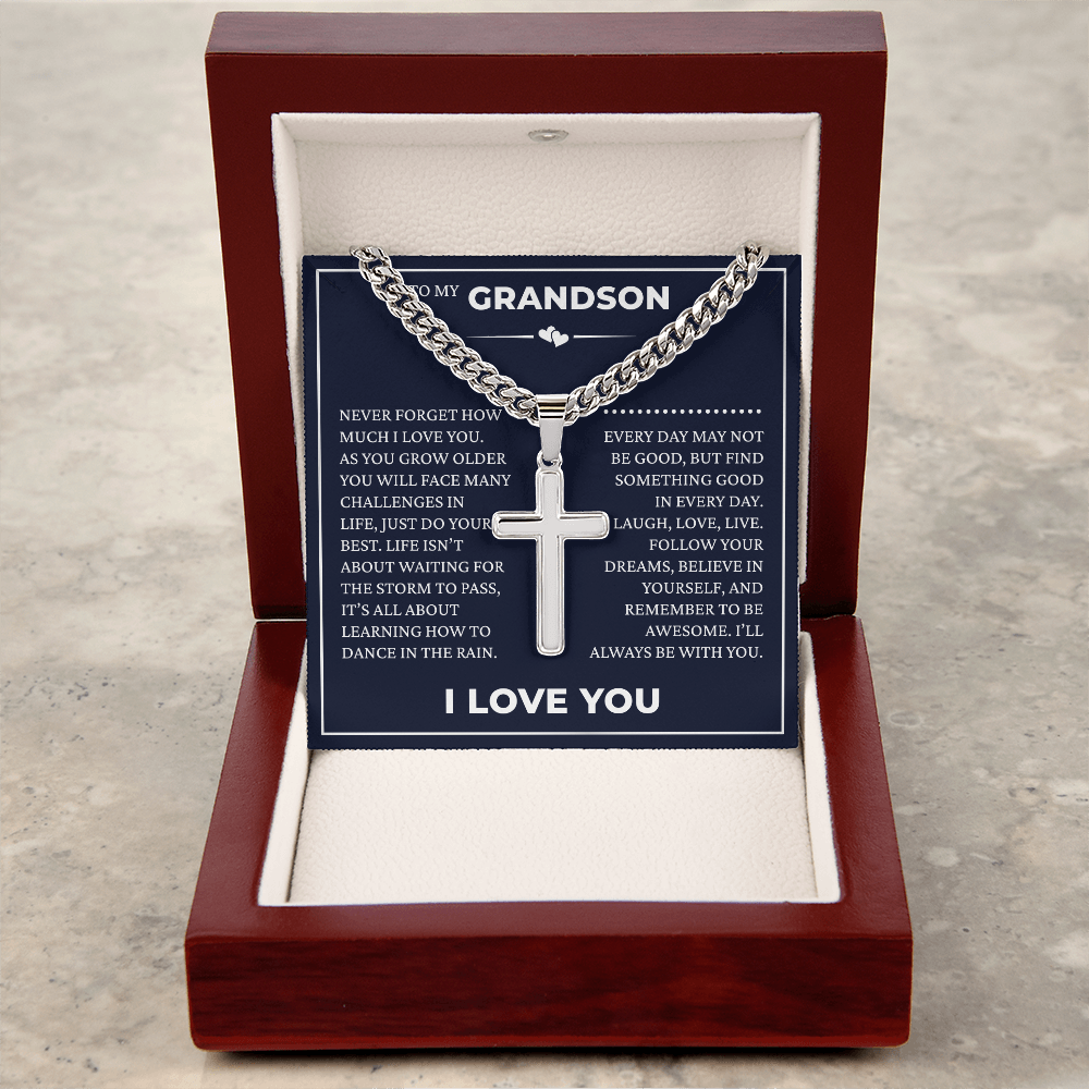 Cuban Chain with Cross Necklace - To My Grandson "I'll Always Be with You"