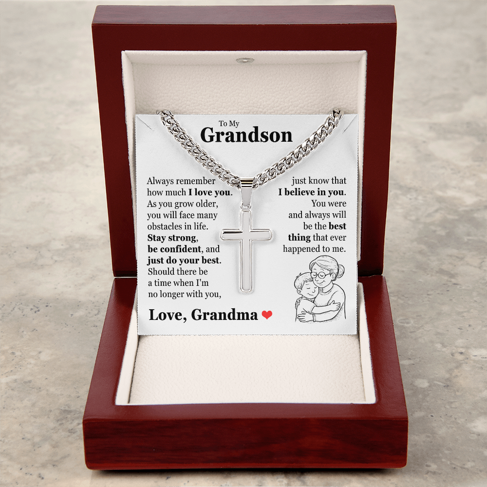Cross Cuban Link Chain - To My Grandson "Always Remember How Much I Love You"