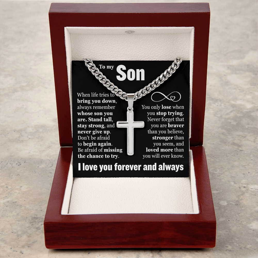 Cross Cuban Link Chain - To My Son "Never Give Up"