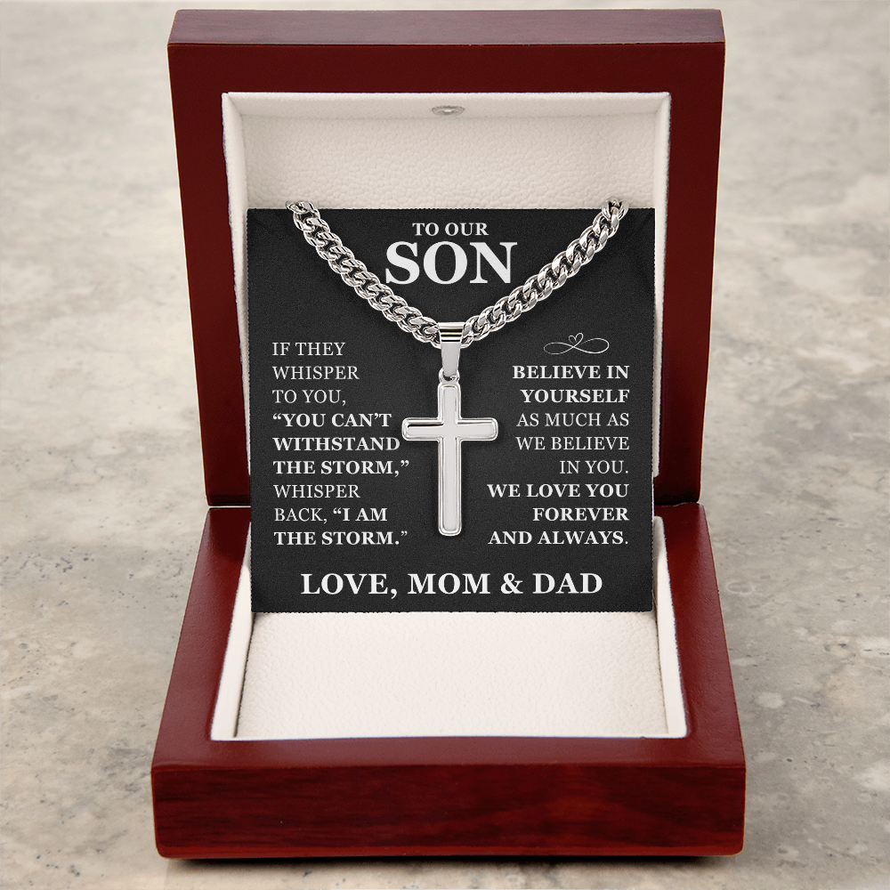 Artisan Cross with Cuban Link Chain - To Our Son "Believe In Yourself"