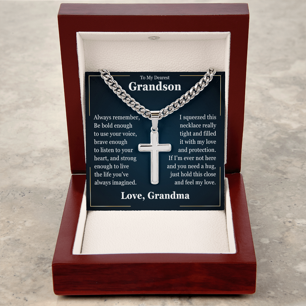 Cross Cuban Link Chain - To My Grandson "Just Hold This Close and Feel My Love"
