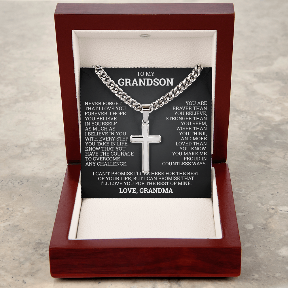 Cross Cuban Link Chain - To My Grandson "You Are Braver Than You Believe"