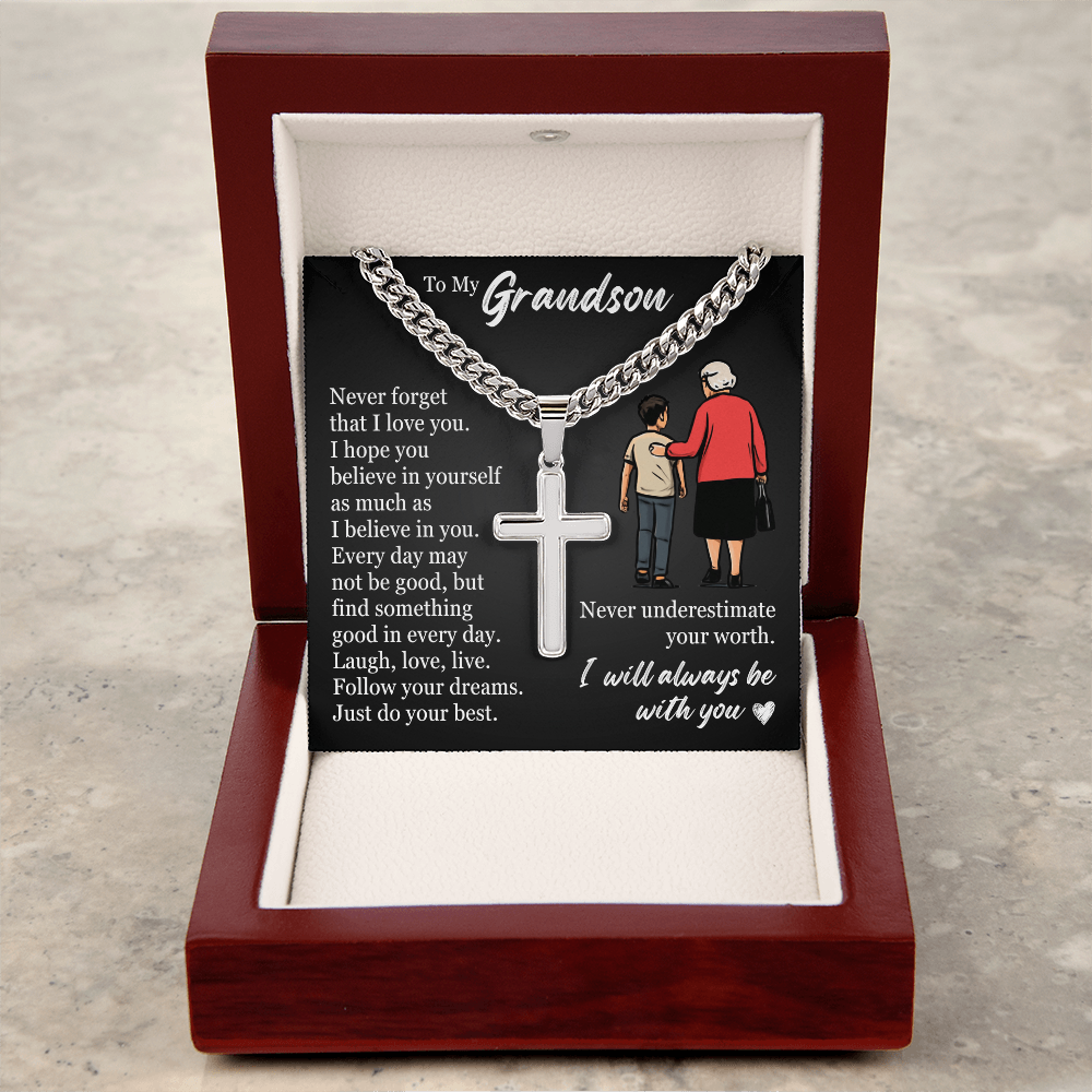 Cross Cuban Link Chain - To My Grandson "Never Underestimate Your Worth"