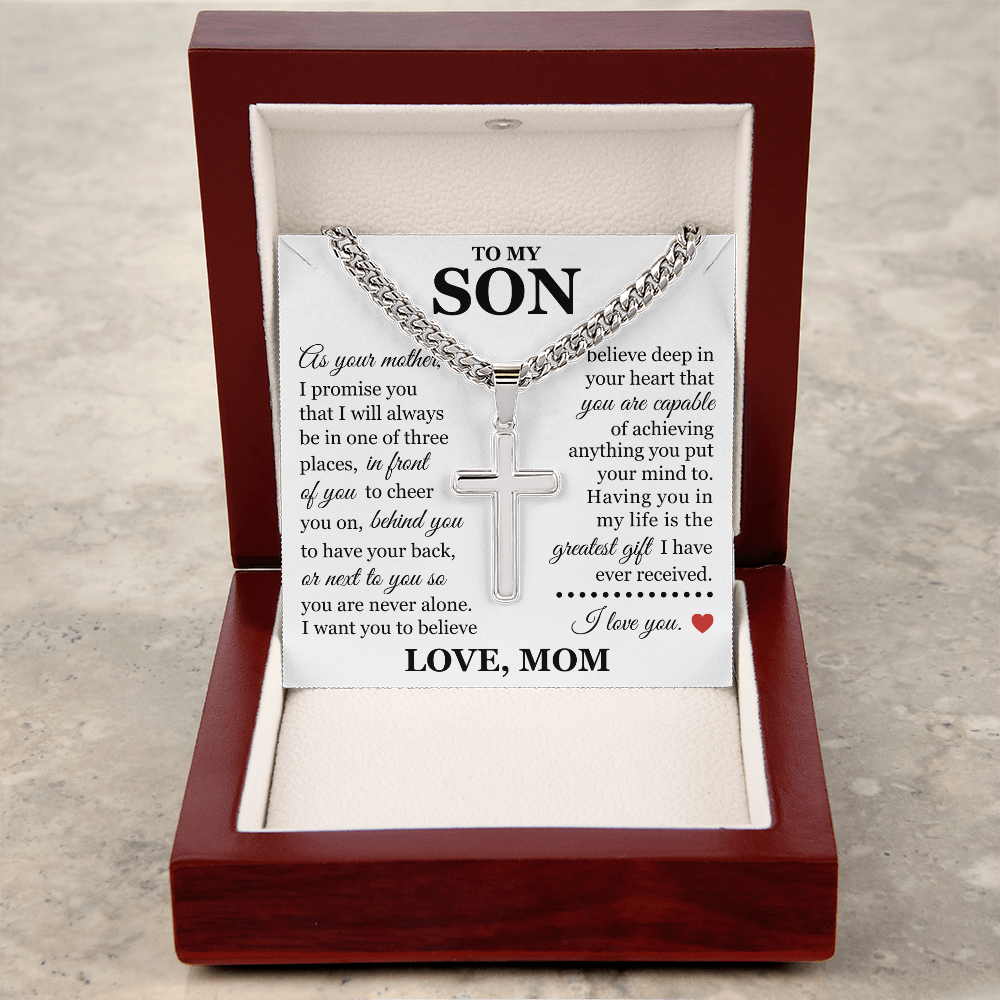 Artisan Cross with Cuban Link Chain - To My Son "You Are Never Alone"