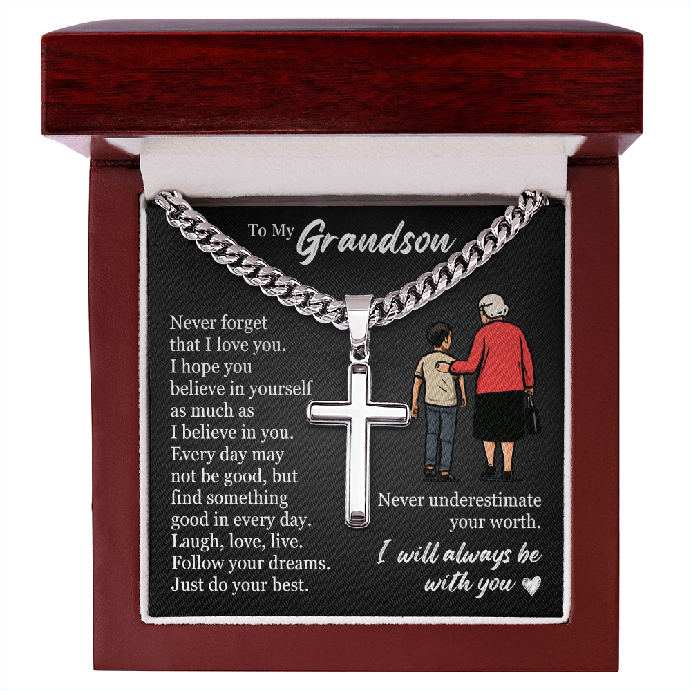 Cross Cuban Link Chain - To My Grandson "Never Underestimate Your Worth"