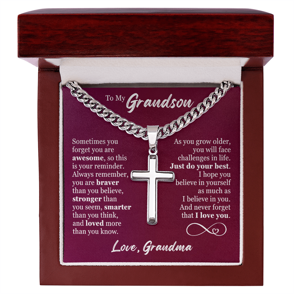 Cross Cuban Link Chain - To My Grandson "Just Do Your Best"