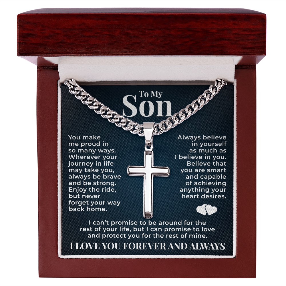 Cuban  Chain with Cross Necklace - To My Son "Always Be Brave"