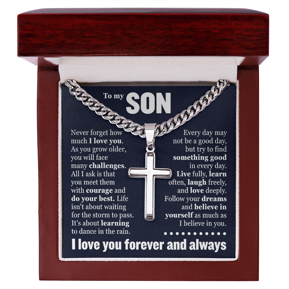Cross Cuban Link Chain - To My Son "Never Forget How Much I Love You"