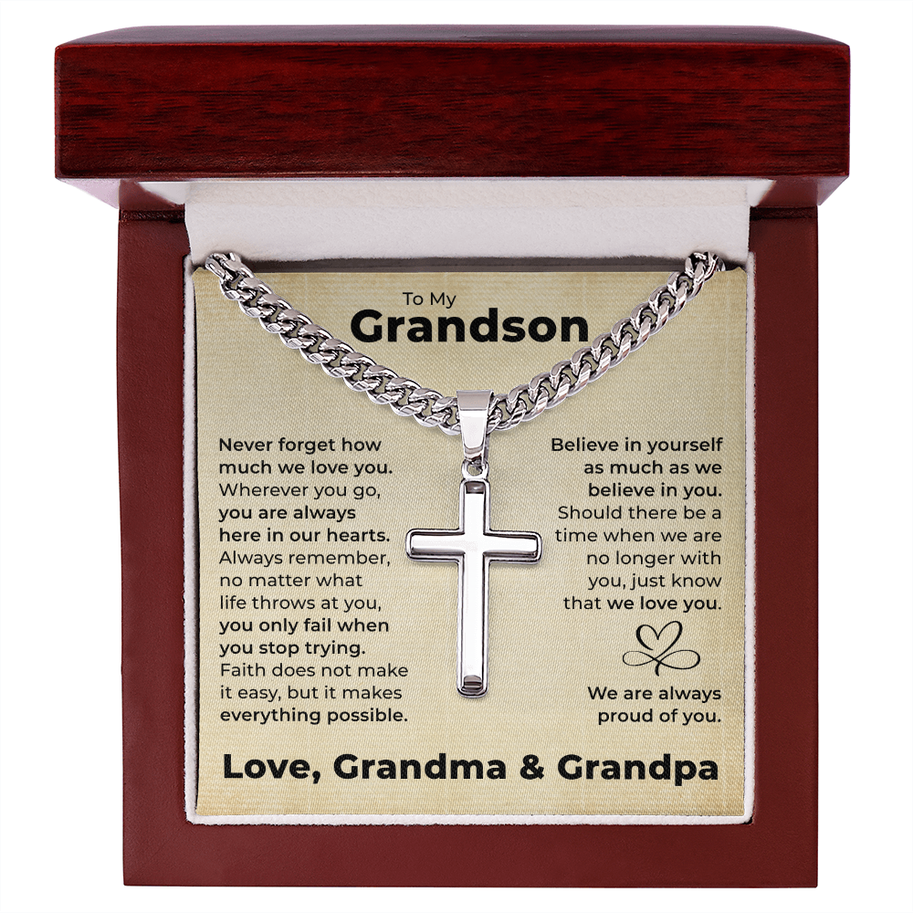 Cross Cuban Link Chain - To My Grandson "You Are Always in Our Hearts"