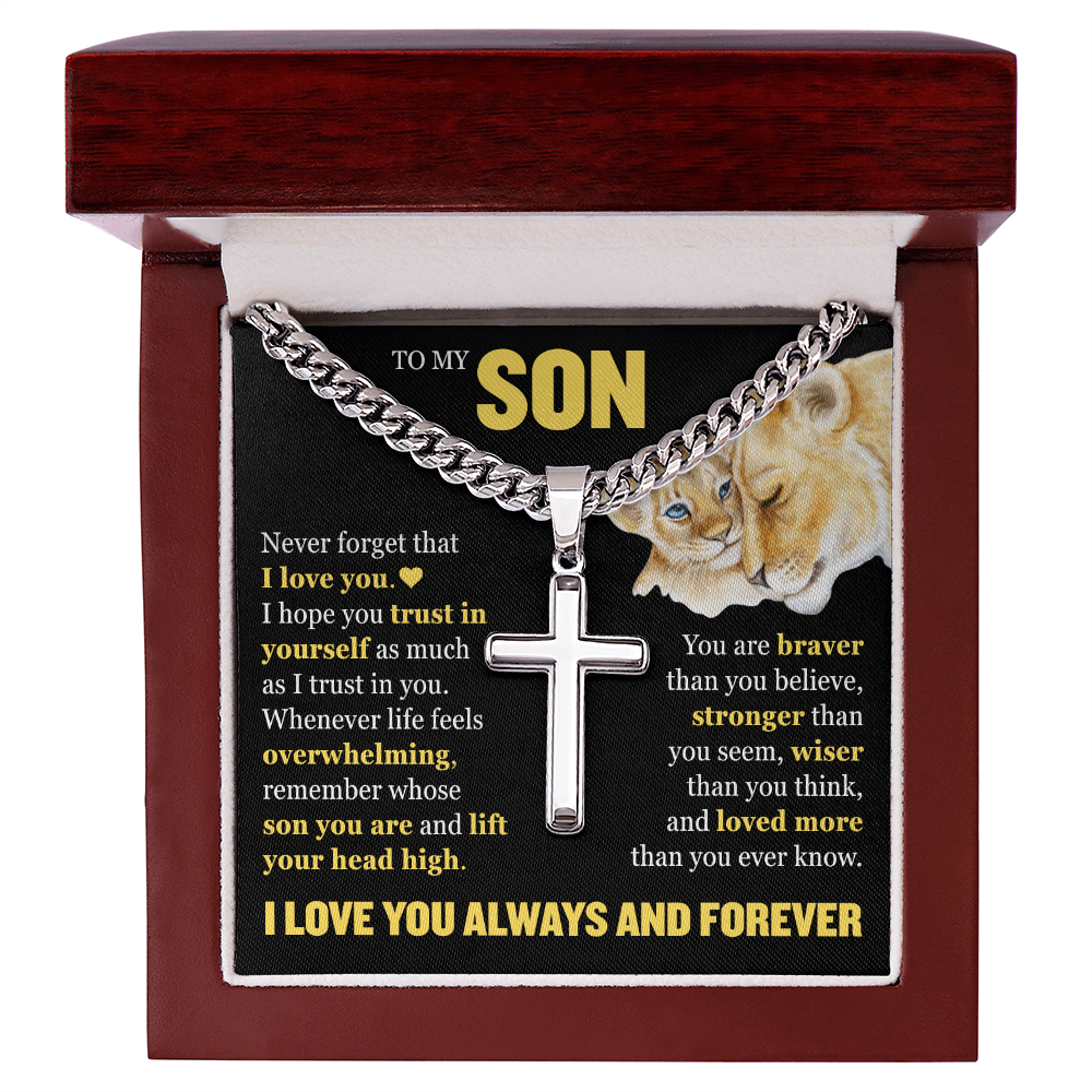 Cross Cuban Link Chain - To My Son "Never Forget That I Love You"