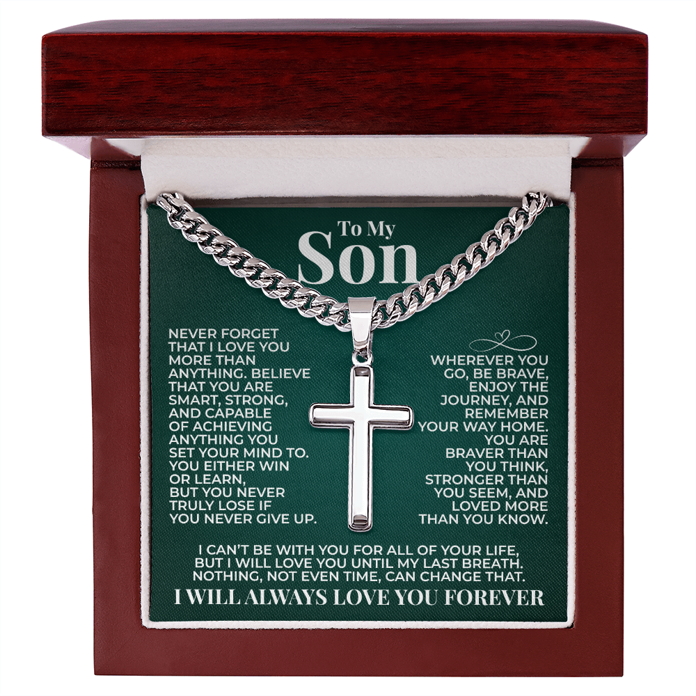Cuban Chain with Cross Necklace - To My Son "You Are Braver Than You Think"