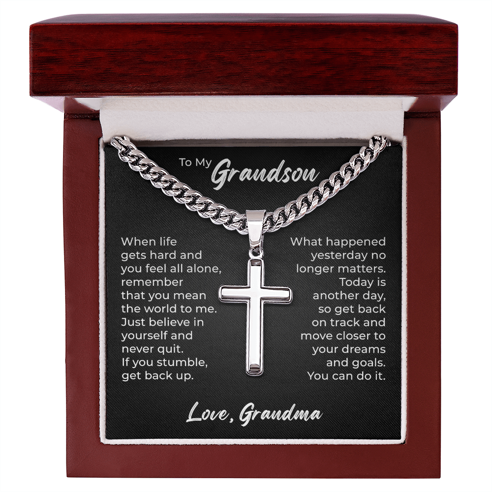 Cross Cuban Link Chain - To My Grandson "You Mean The World To Me"