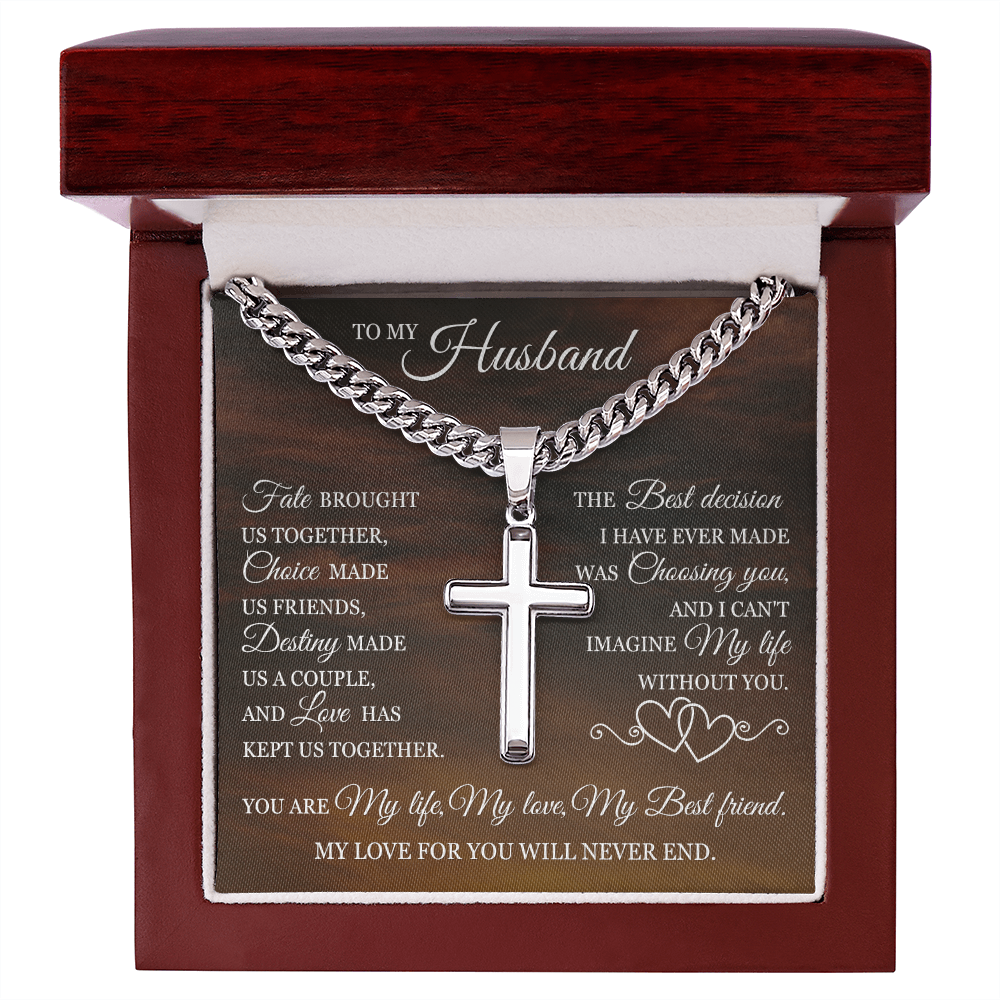 Cross Cuban Link Chain - To My Husband "Fate Brought Us Together"