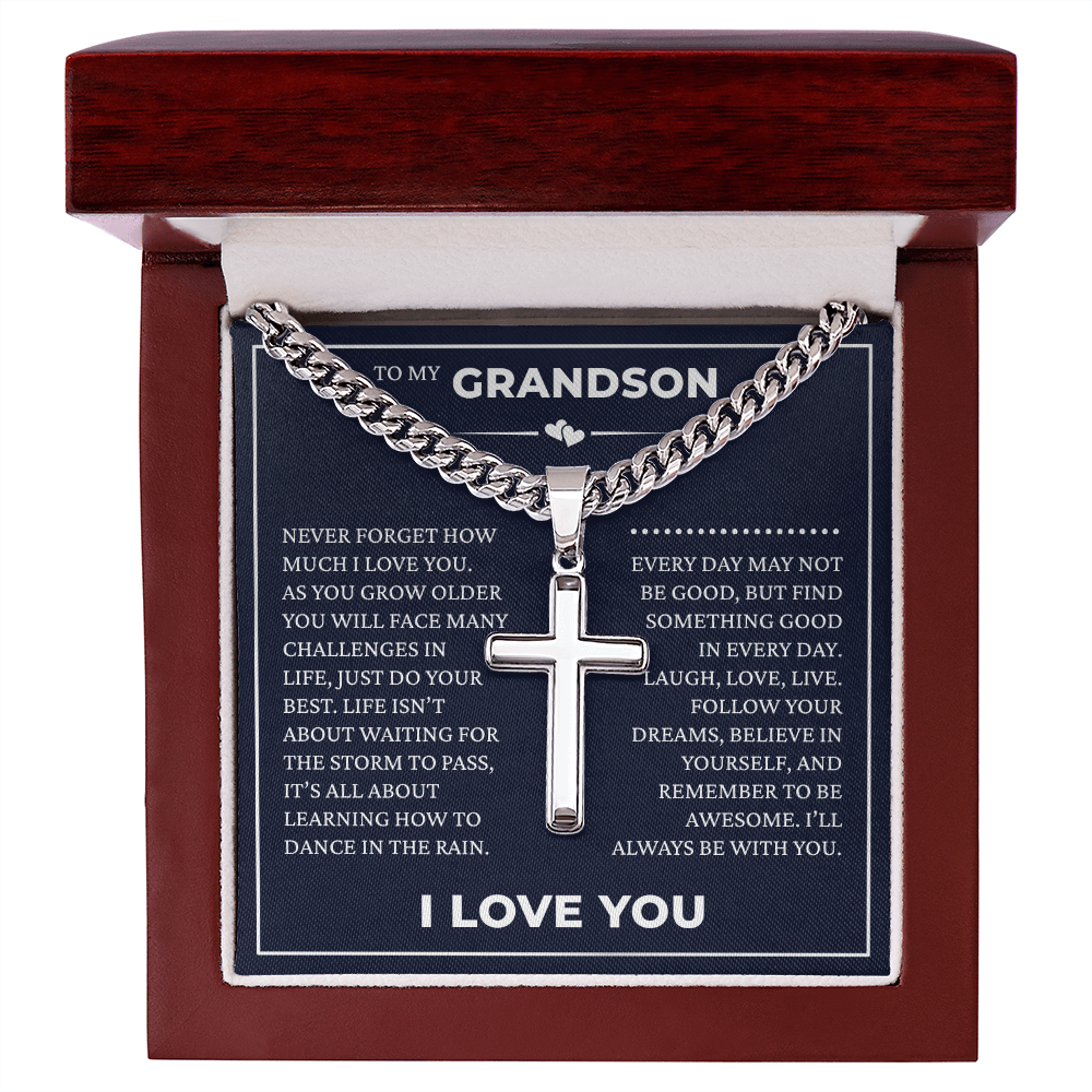 Cuban Chain with Cross Necklace - To My Grandson "I'll Always Be with You"