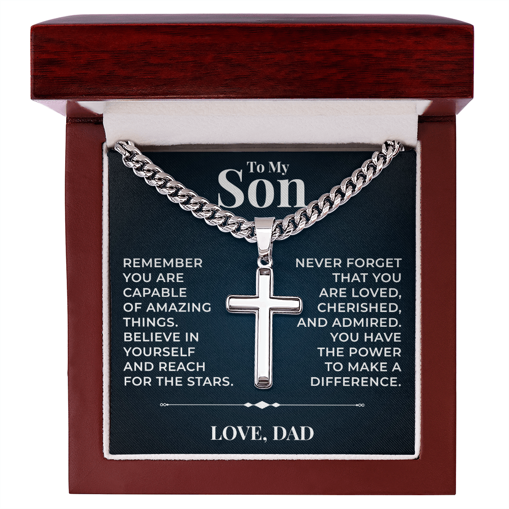 Cuban  Chain with Cross Necklace - To My Son "Reach For The Stars"