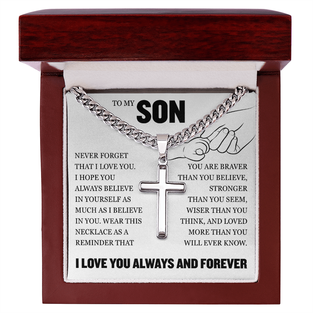 Cross Cuban Link Chain - To My Son "Never Forget That I Love You"