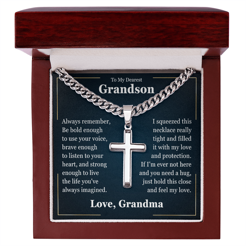Cross Cuban Link Chain - To My Grandson "Just Hold This Close and Feel My Love"