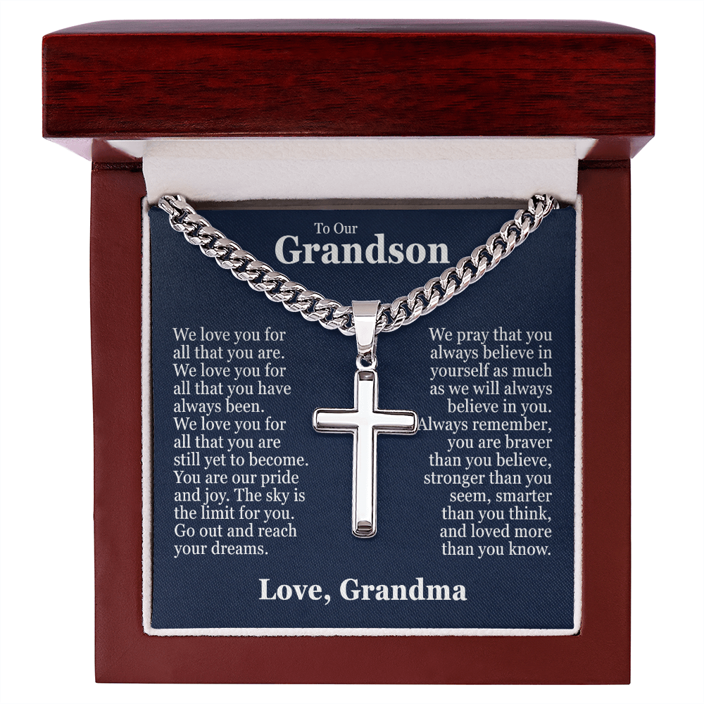 Cross Cuban Link Chain - To Our Grandson "We Love You"