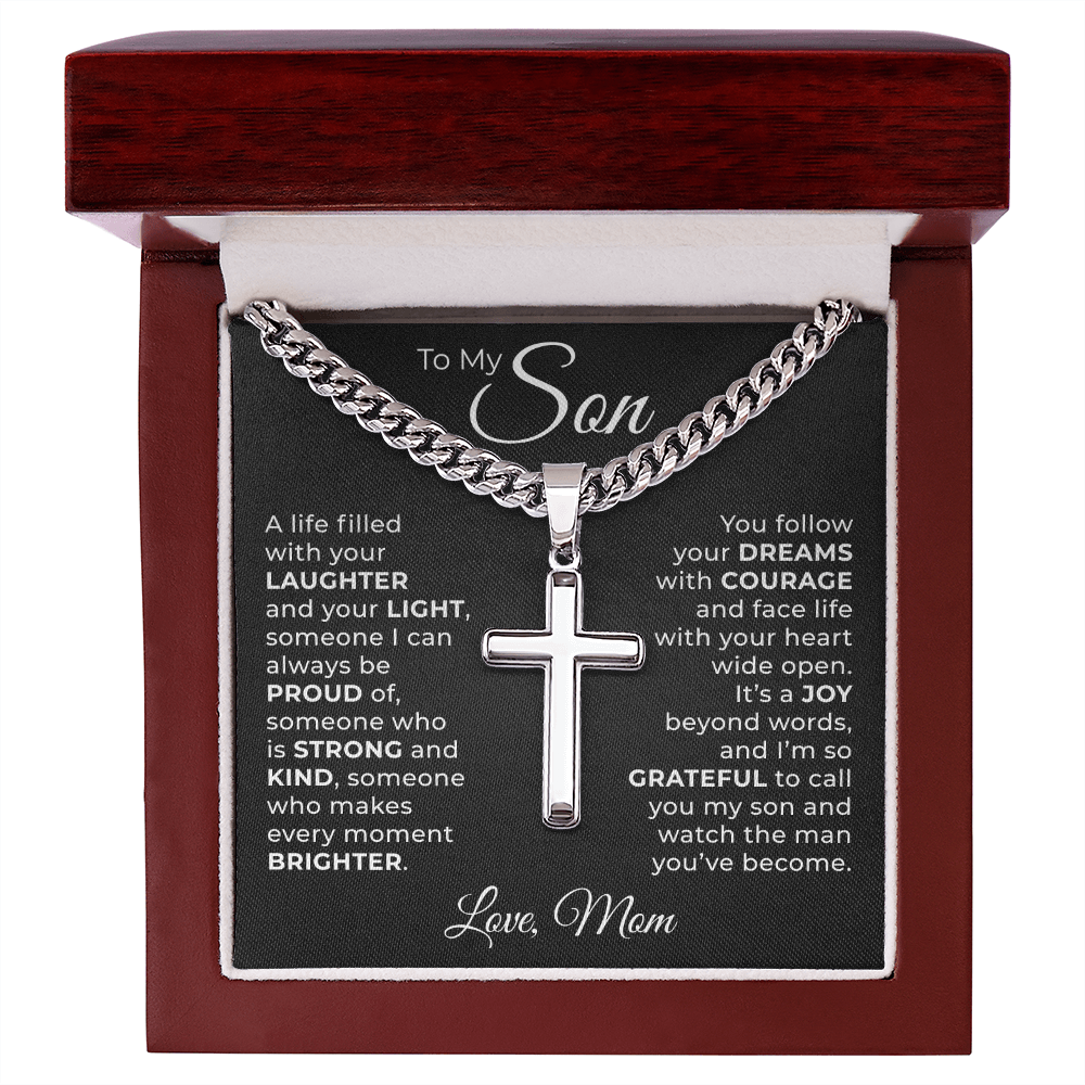 Cuban Chain with Cross Necklace -  To My Son "Follow You Dreams with Courage"