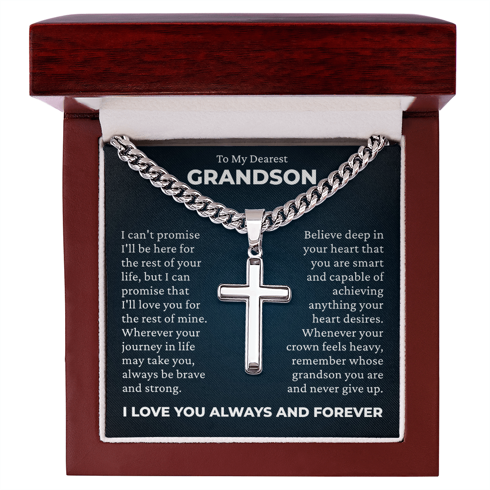 Cross Cuban Link Chain - To My Grandson "Always Be Brave and Strong"