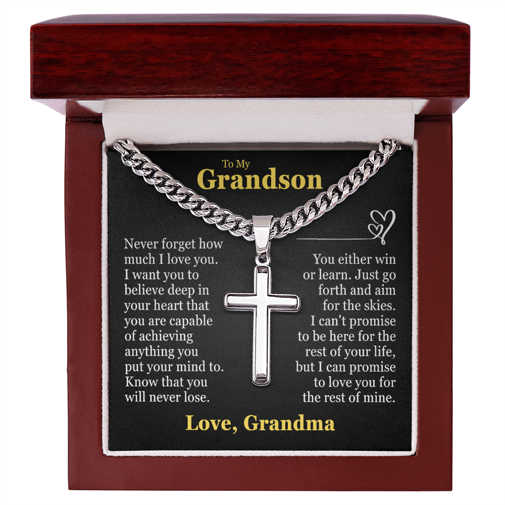 Cross Cuban Link Chain - To My Grandson "You Either Win or Learn"