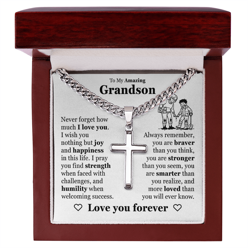 Cross Cuban Link Chain - To My Grandson "Never Forget How Much I Love You"
