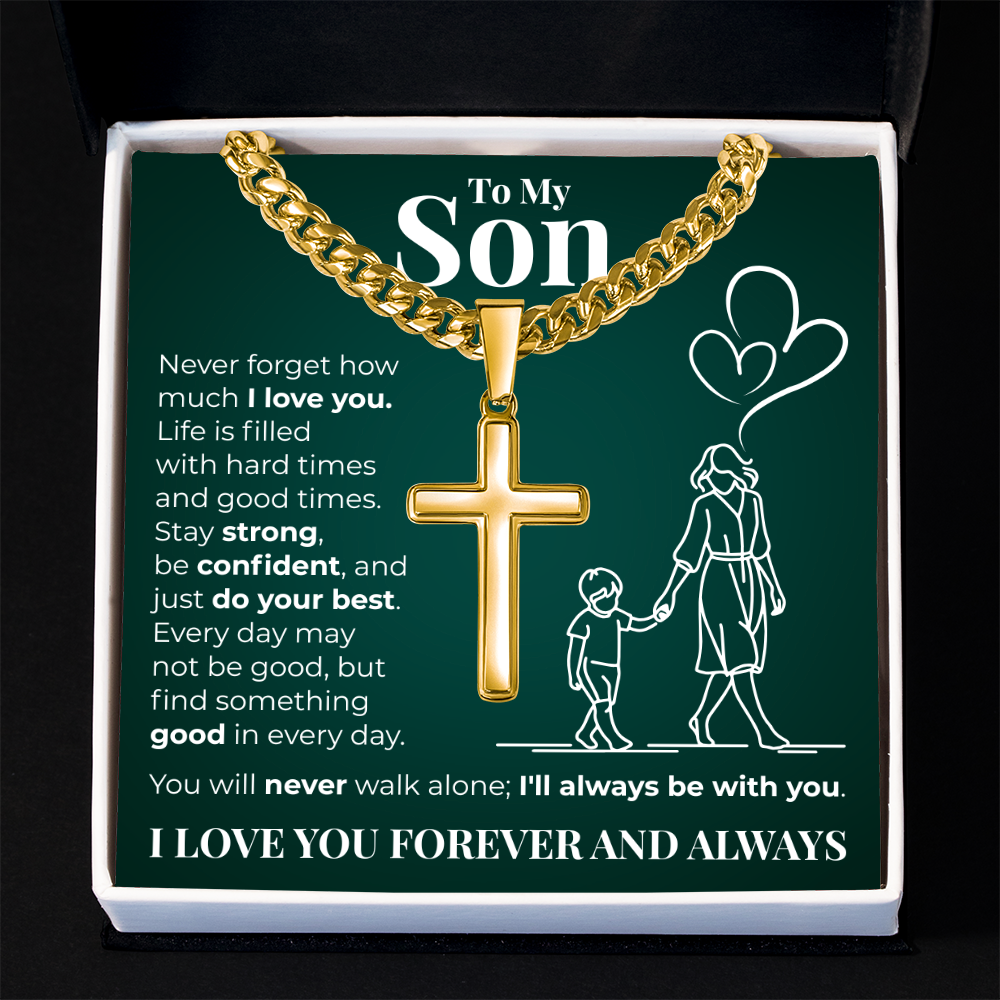 Cuban Chain with Cross Necklace -  To My Son "I Love You"
