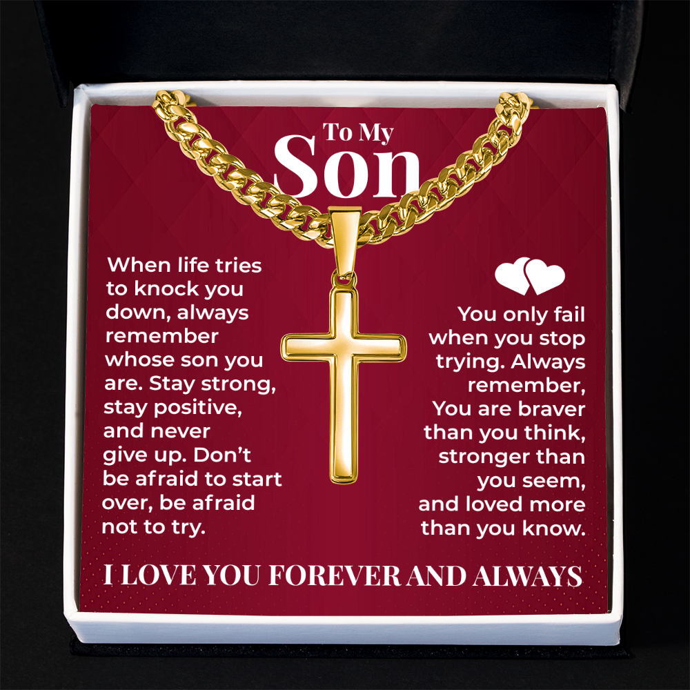 Cuban Chain with Cross Necklace - To My Son "Stay Strong"