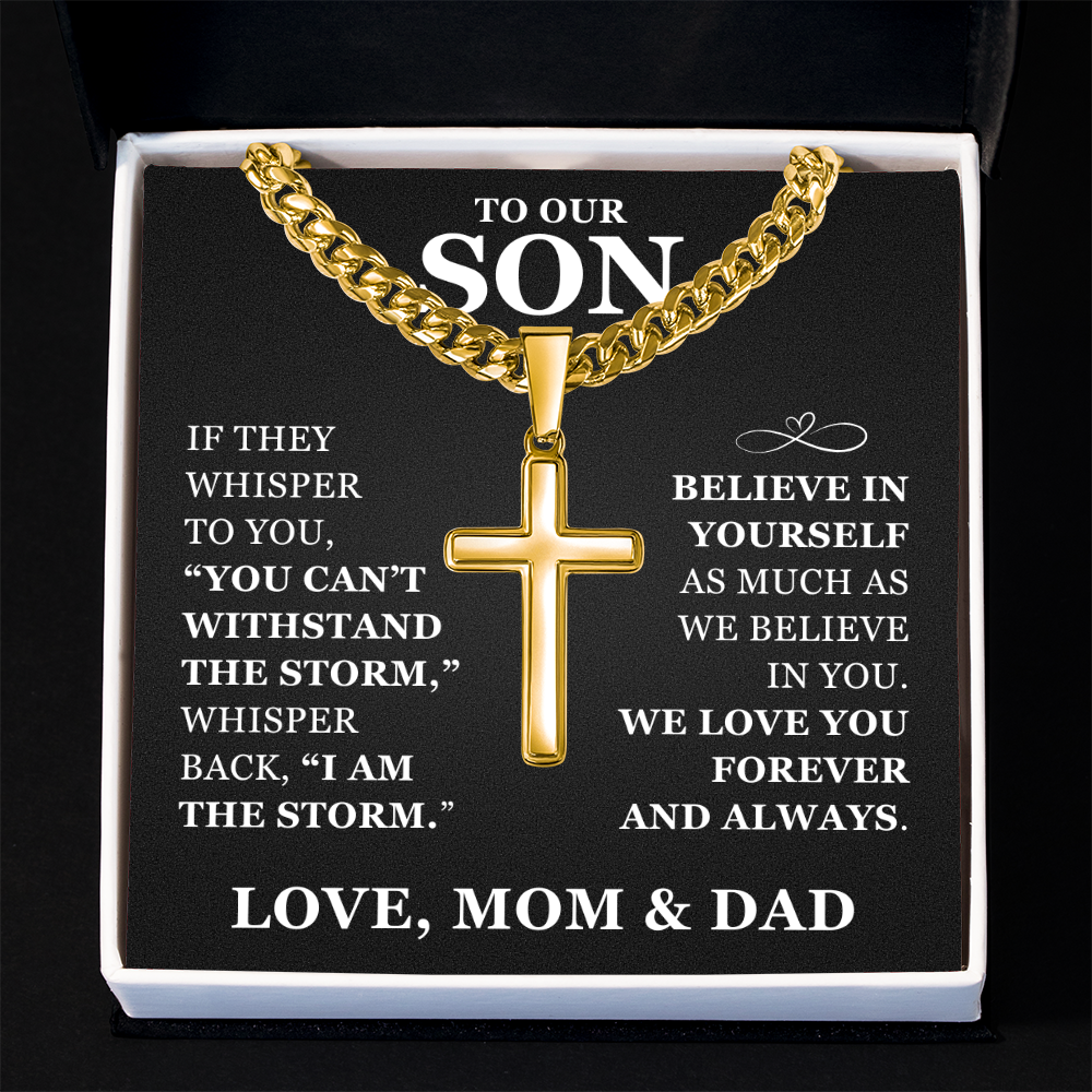 Artisan Cross with Cuban Link Chain - To Our Son "Believe In Yourself"