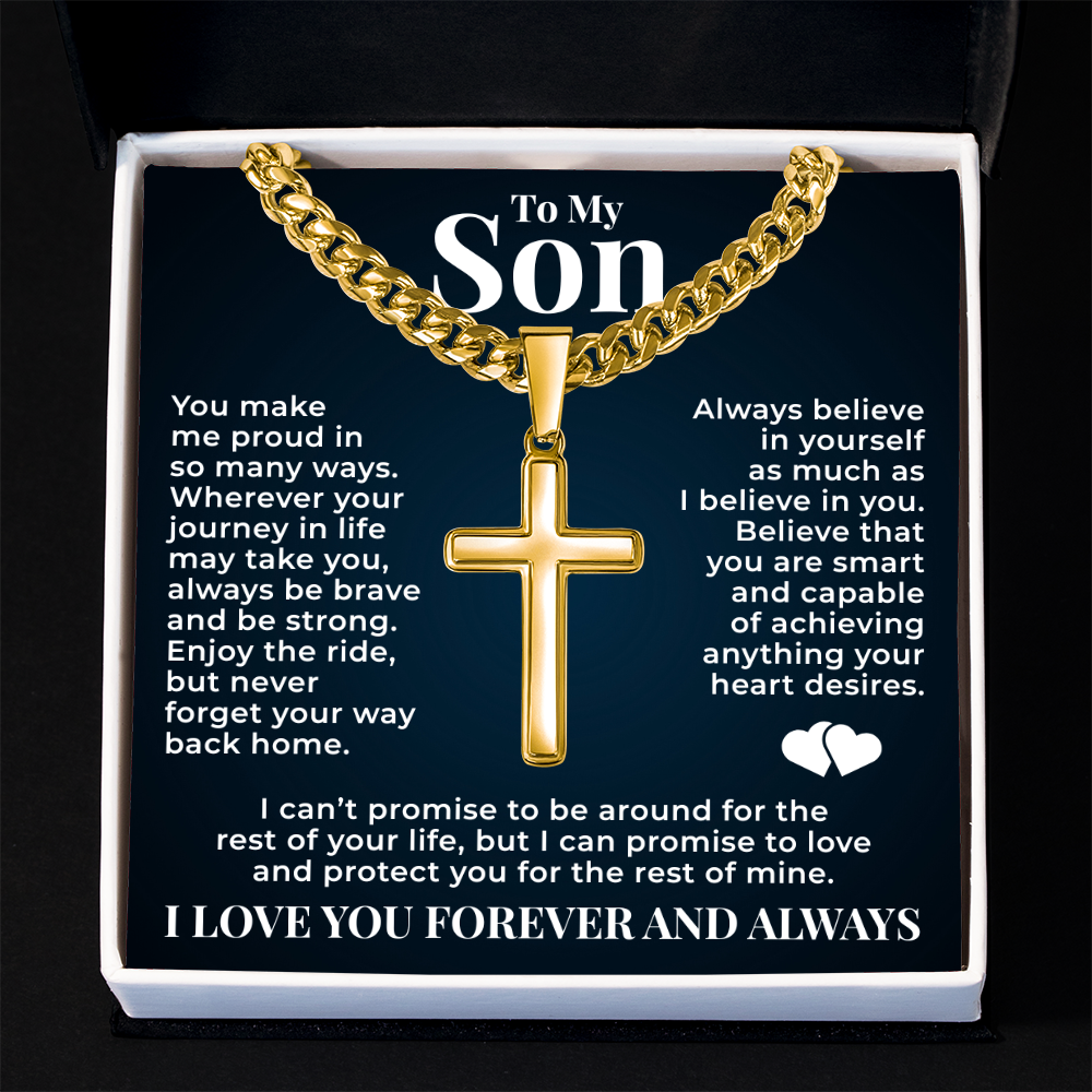Cuban  Chain with Cross Necklace - To My Son "Always Be Brave"