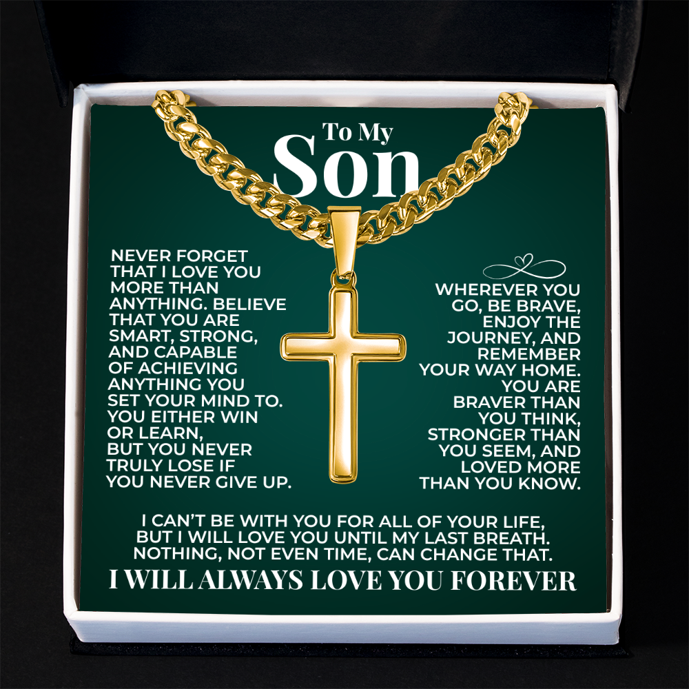 Cuban Chain with Cross Necklace - To My Son "You Are Braver Than You Think"