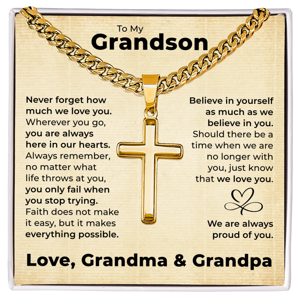 Cross Cuban Link Chain - To My Grandson "You Are Always in Our Hearts"