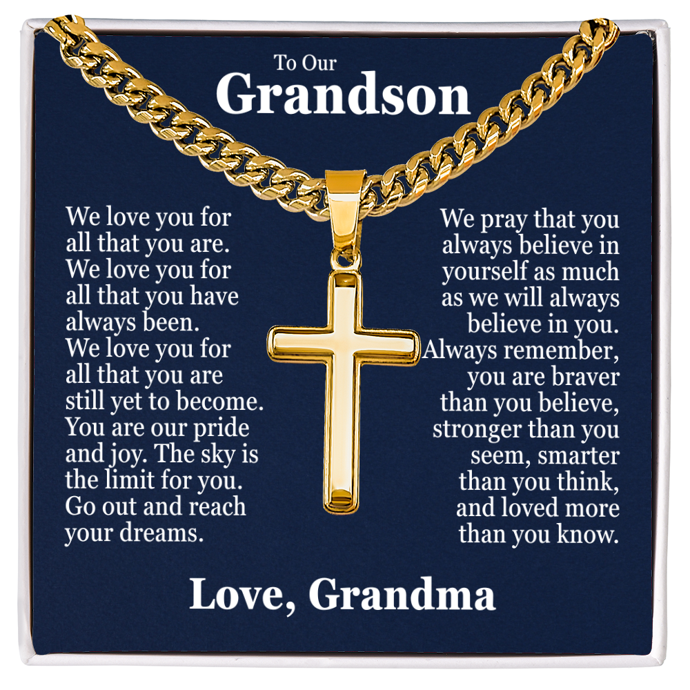 Cross Cuban Link Chain - To Our Grandson "We Love You"